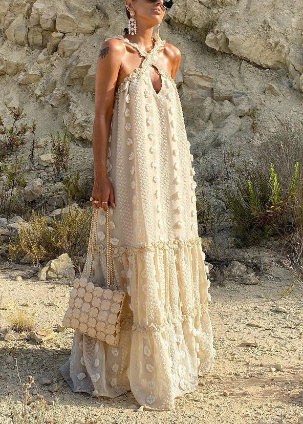 Beige Ruffled Patchwork Cotton Dresses Summer