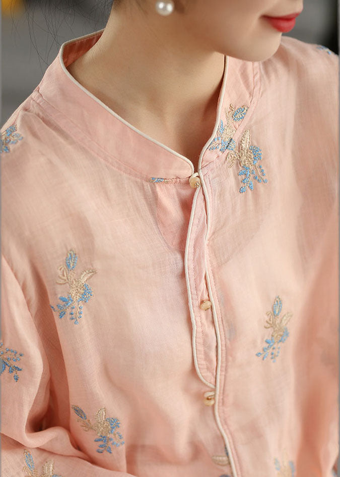 Pink Embroidered Oversized Linen Shirt Spring