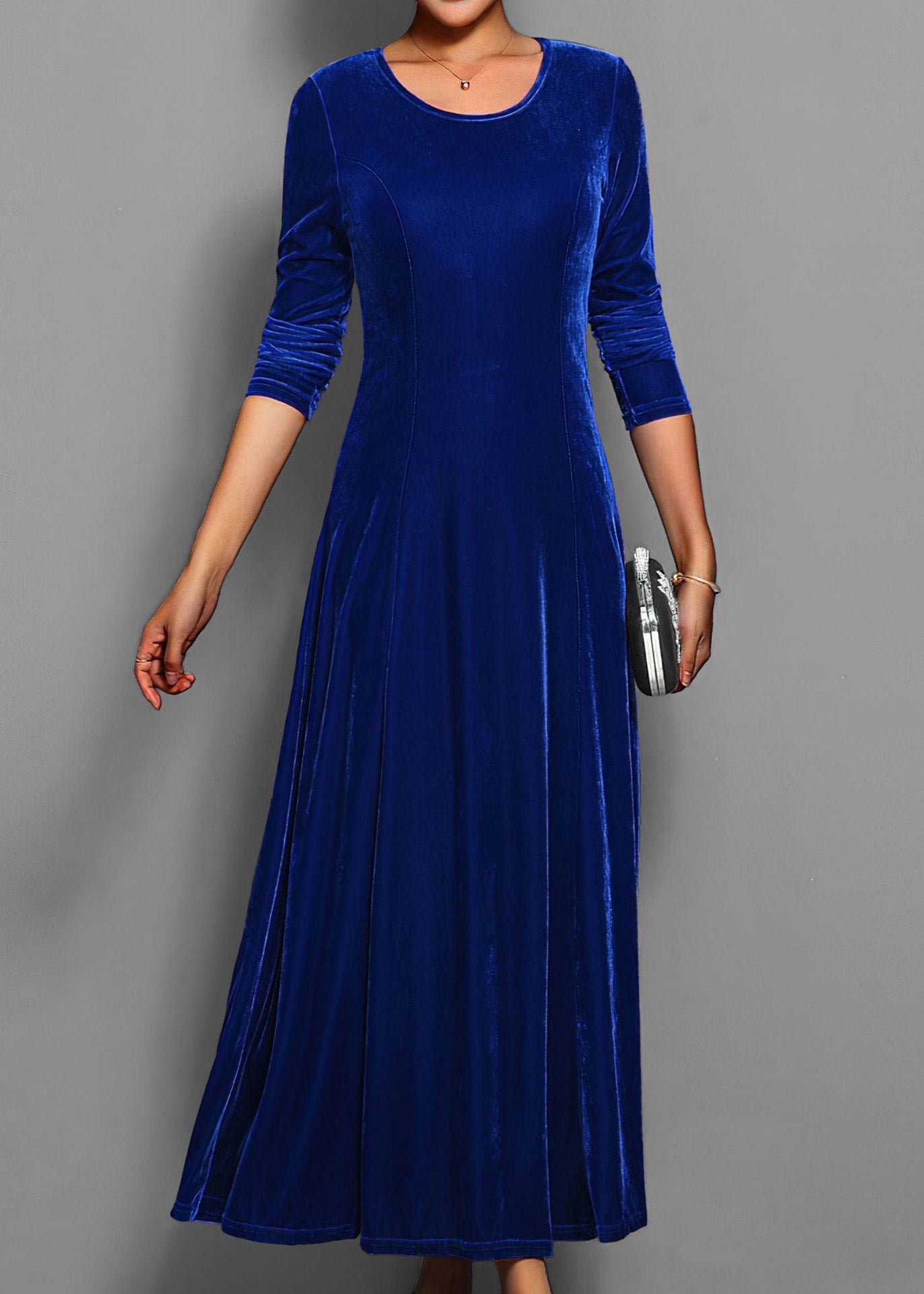 Classy Blue O Neck Slim Fit Velvet Long Dress Fall