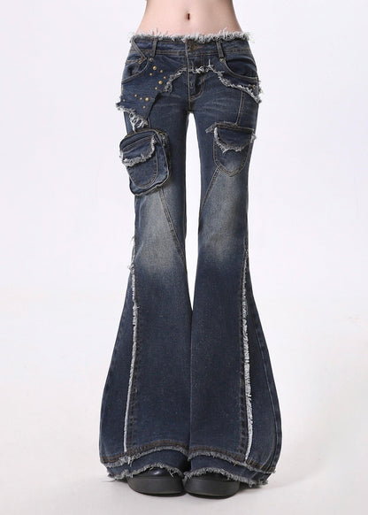 Navy Tasseled Patchwork Pockets Denim Flare Bottoms Pants Spring