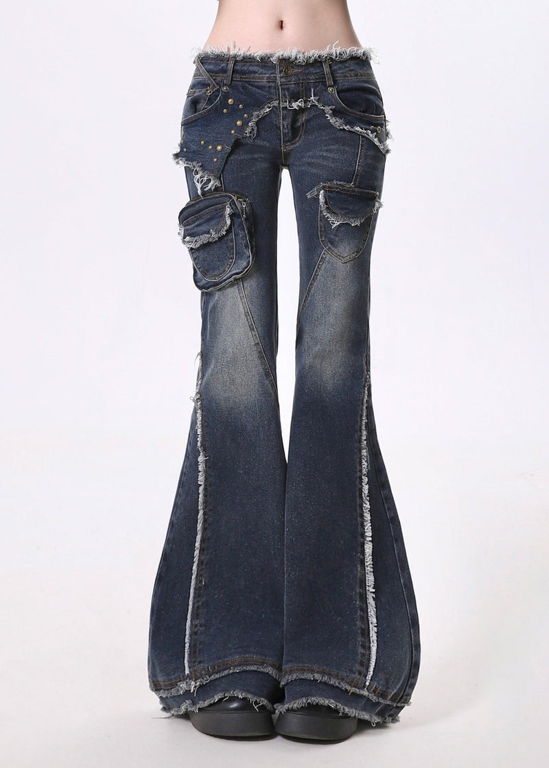 Navy Tasseled Patchwork Pockets Denim Flare Bottoms Pants Spring