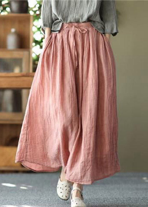 Pink Pockets Wrinkled Tie Waist Linen Skirt Summer