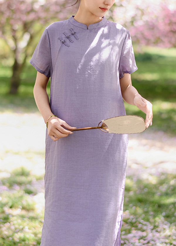 Yellow Oriental Button Linen Dresses Summer