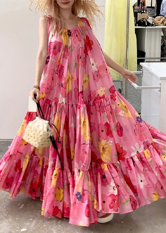 Pink Print Wrinkled Patchwork Strap Dress Summer