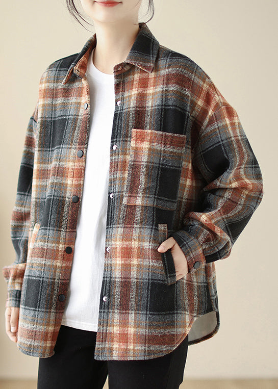 Loose Peter Pan Collar Plaid Warm Fleece Shirt Top Spring