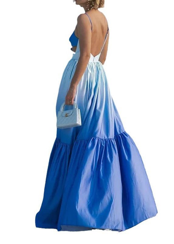 Blue Gradient Backless Wrinkled Cotton Spaghetti Strap Dress Summer