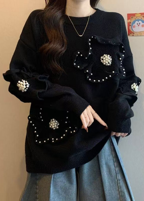 French Rose O Neck Nail Bead Knit Sweater Tops Spring