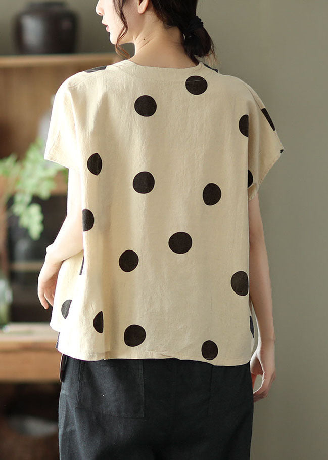Light Khaki V Neck Print Patchwork Linen T Shirt Tops Summer