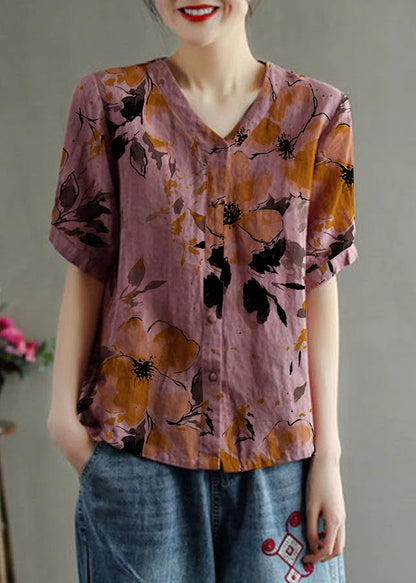 Loose Pink-ink Flowers V Neck Embroidered Summer Linen Shirt