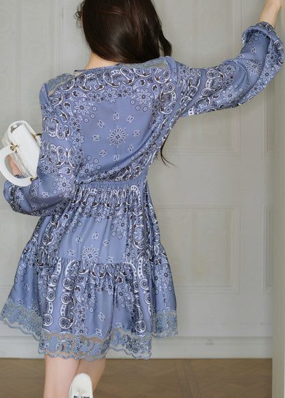 French Blue Print Tulle Patchwork Mid Dress Bracelet Sleeve