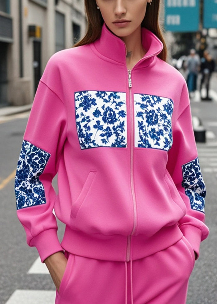 Rose Stand Collar Patchwork Print Cotton Sweatshirt Fall