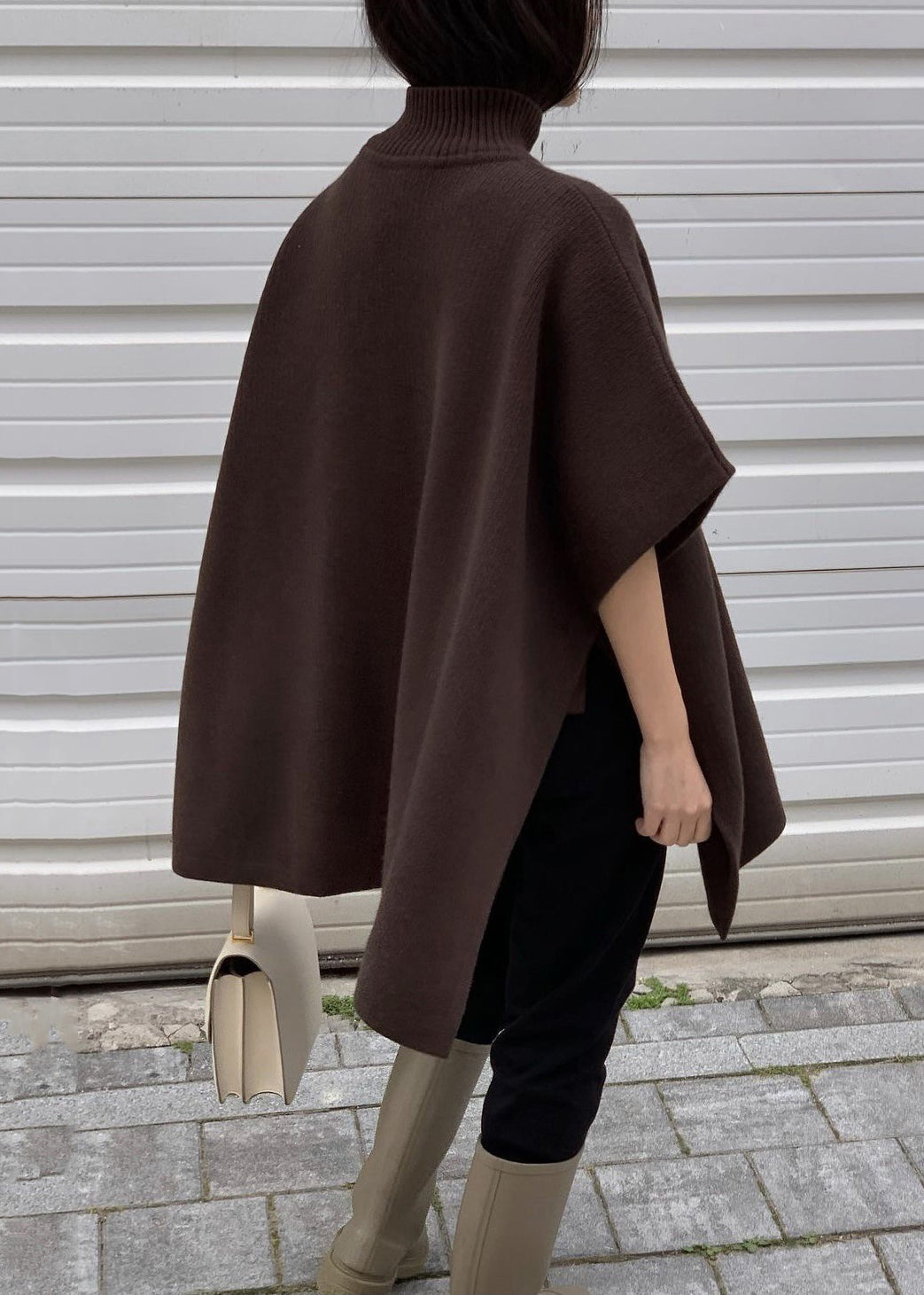 Grey Side Open Knit Cape Style Sweater Turtleneck Batwing Sleeve