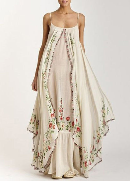 Italian Beige Print Patchwork Cotton Spaghetti Strap Dress Summer