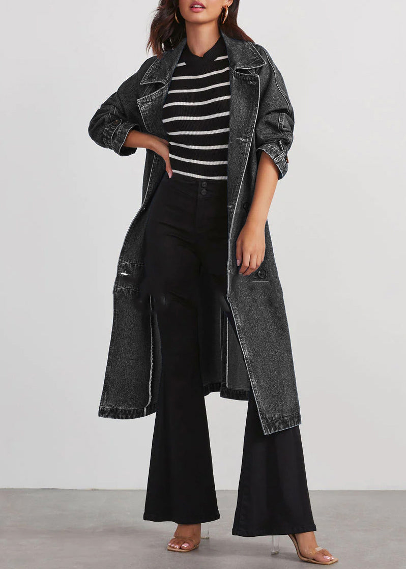 Italian Blue Notched Pockets Tie Waist Denim Long Trench Fall