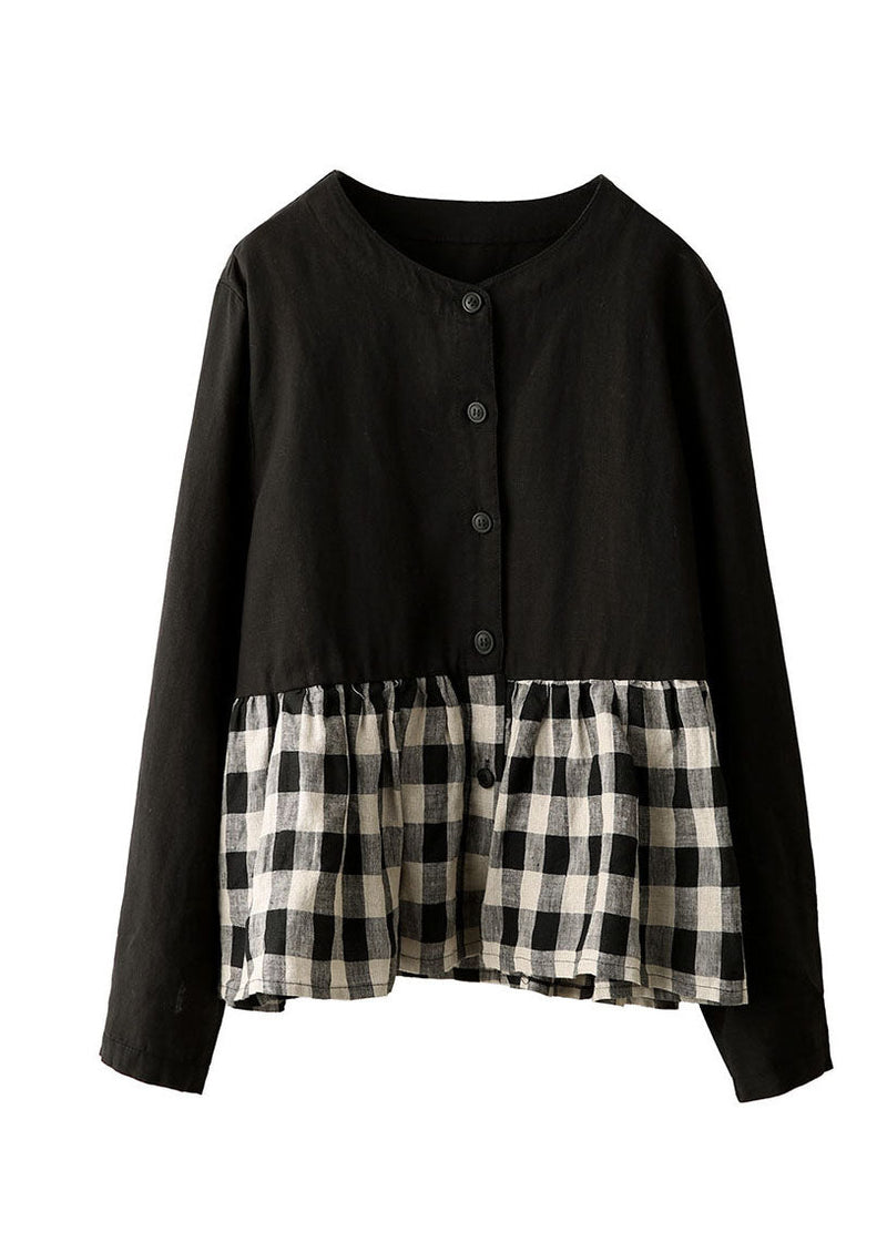 Navy O Neck Plaid Patchwork Linen Top Long Sleeve