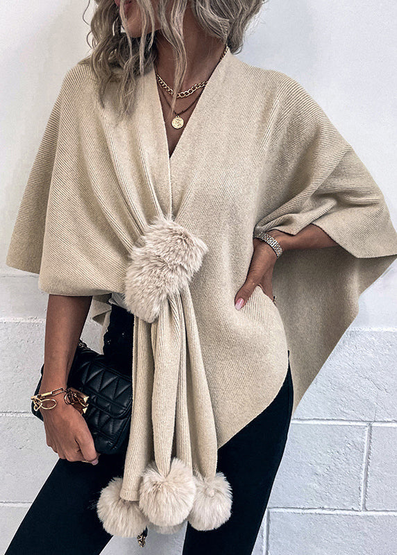 Stylish Apricot V Neck Fuzzy Ball Patchwork Knit Cape Fall