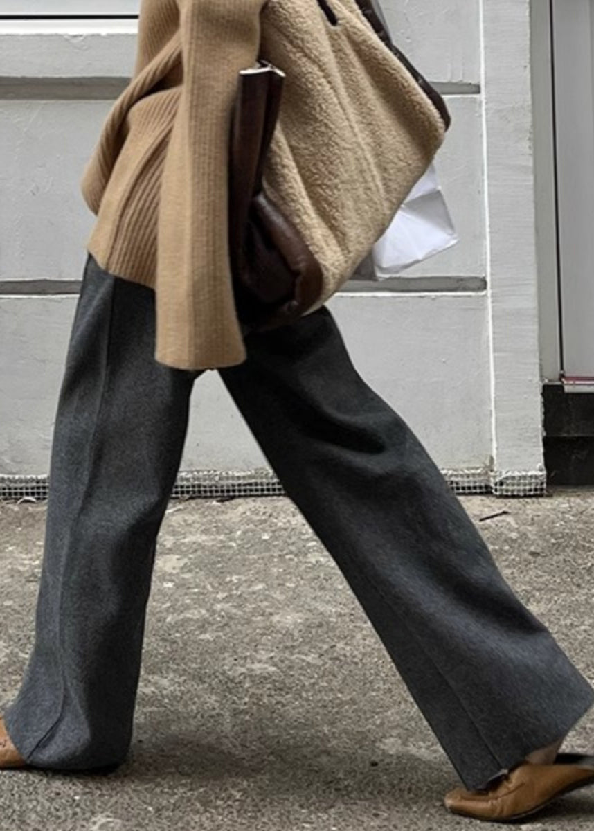 Grey Pockets Woolen Pants Elastic Waist Winter