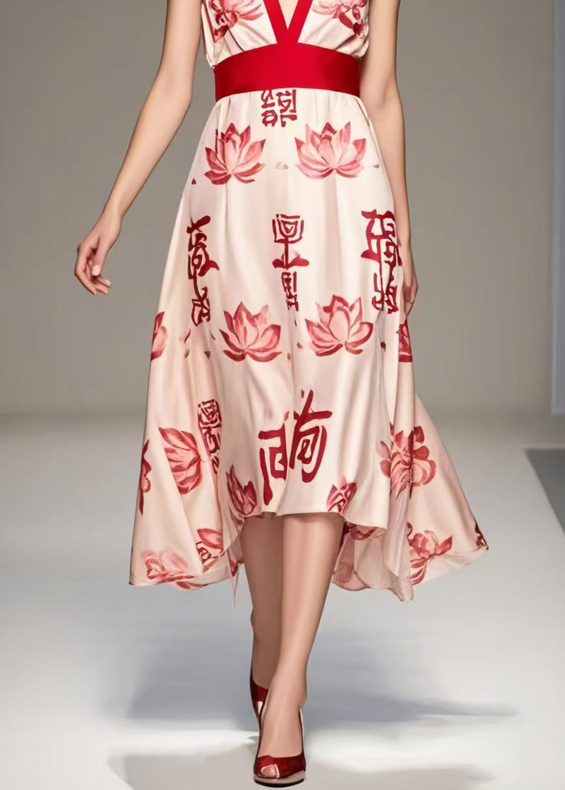 Apricot V Neck Print Chiffon Long Dress Sleeveless