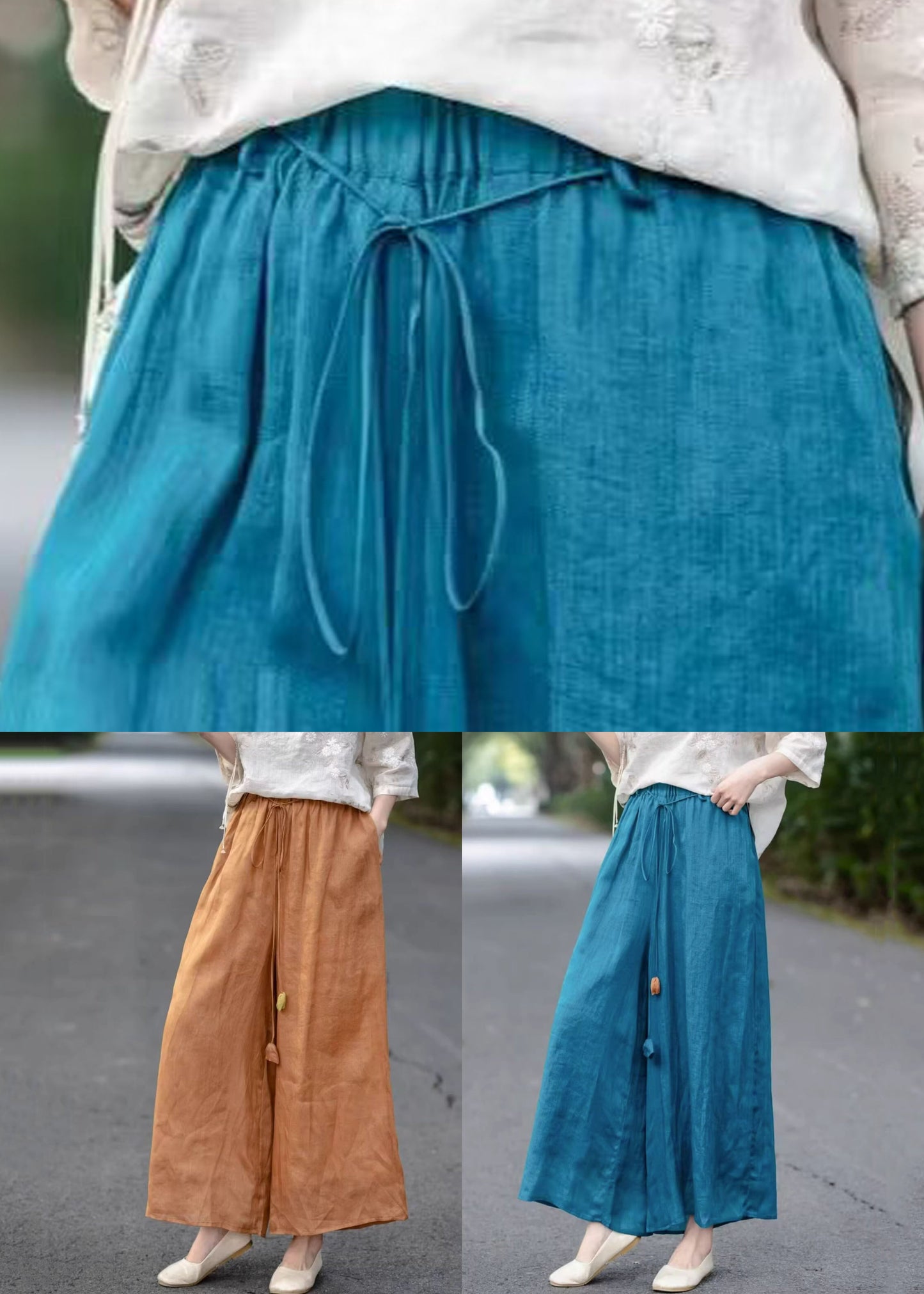 Orange Pockets Cotton Summer Crop Pants Elastic Waist