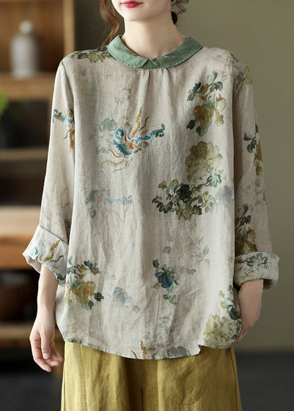 Grey Print Loose Ramie T Shirt Spring