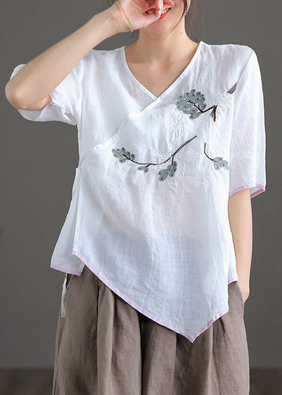 Fine White V Neck Embroidered Linen Top Short Sleeve