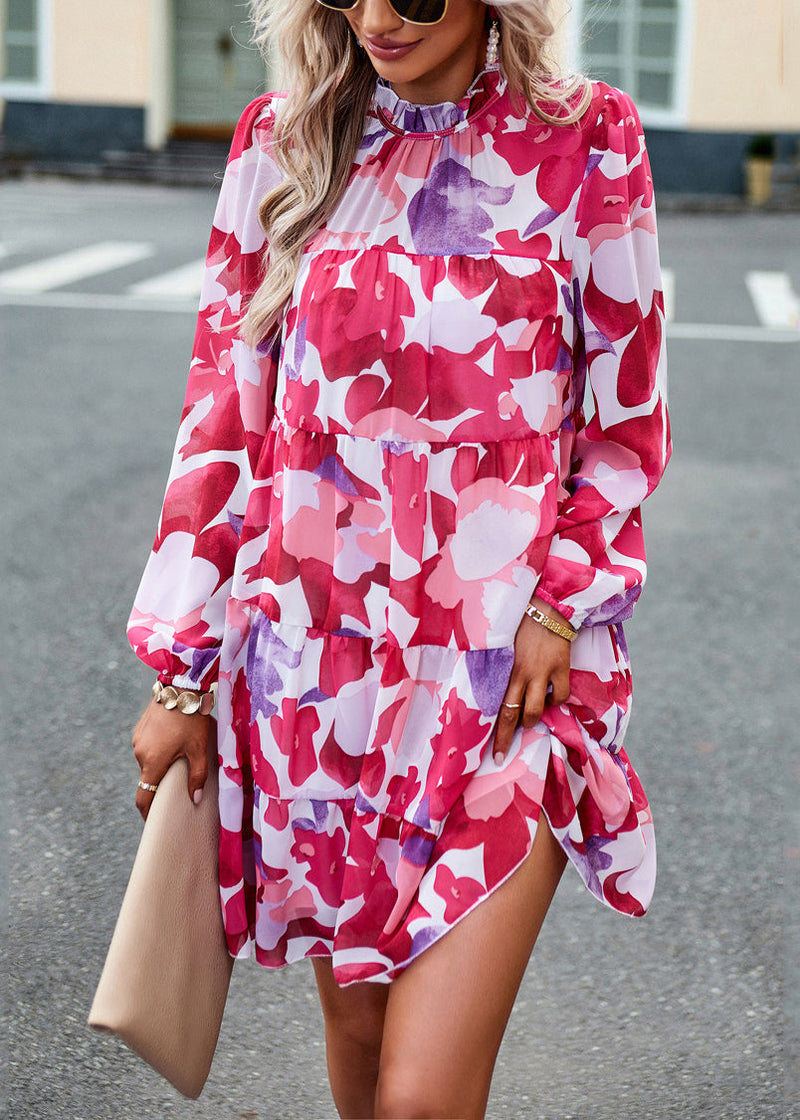 Rose Ruffled Print Cotton Mid Dress Fall