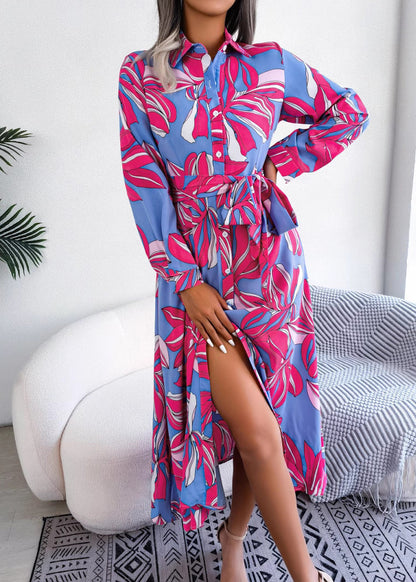 New Rose Peter Pan Collar Print Lace Up Chiffon Shirts Dress Spring