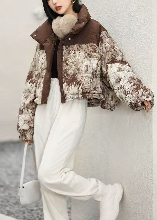 Coffee Print Drawstring Duck Down Puffers Coats Winter