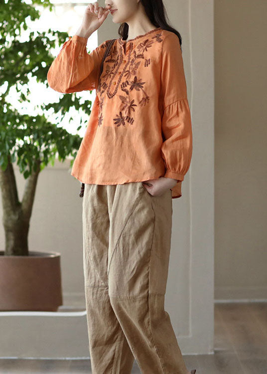 Orange Embroidered Wrinkled Patchwork Linen T Shirt Spring