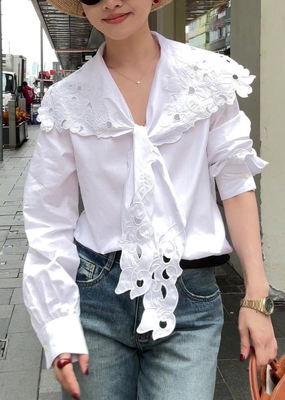 Boutique White Hollow Out Embroidered Lace Up Cotton Top Fall