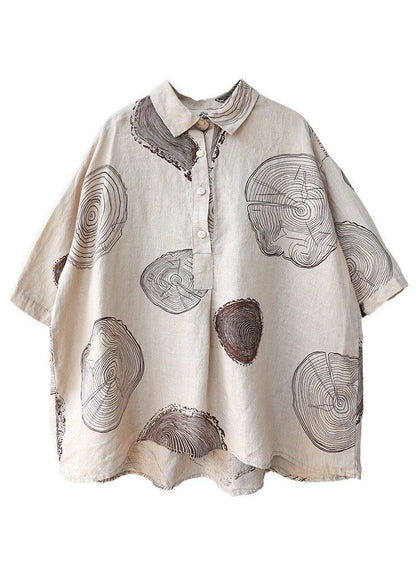 Beige Peter Pan Collar Print Summer Linen Blouses Half Sleeve