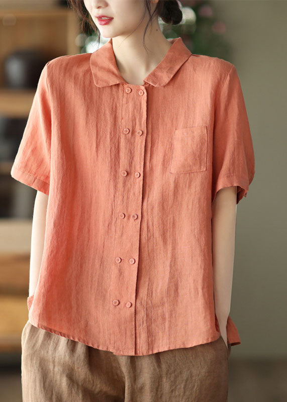 Orange Peter Pan Collar Double Breast Linen Shirt Tops Short Sleeve