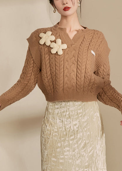 Handmade Brown V Neck Thick Cable Cotton Knit Sweaters Winter