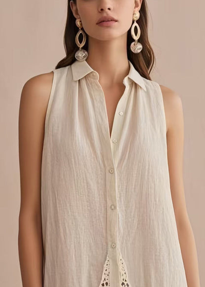 White Peter Pan Collar Patchwork Linen Shirts Sleeveless