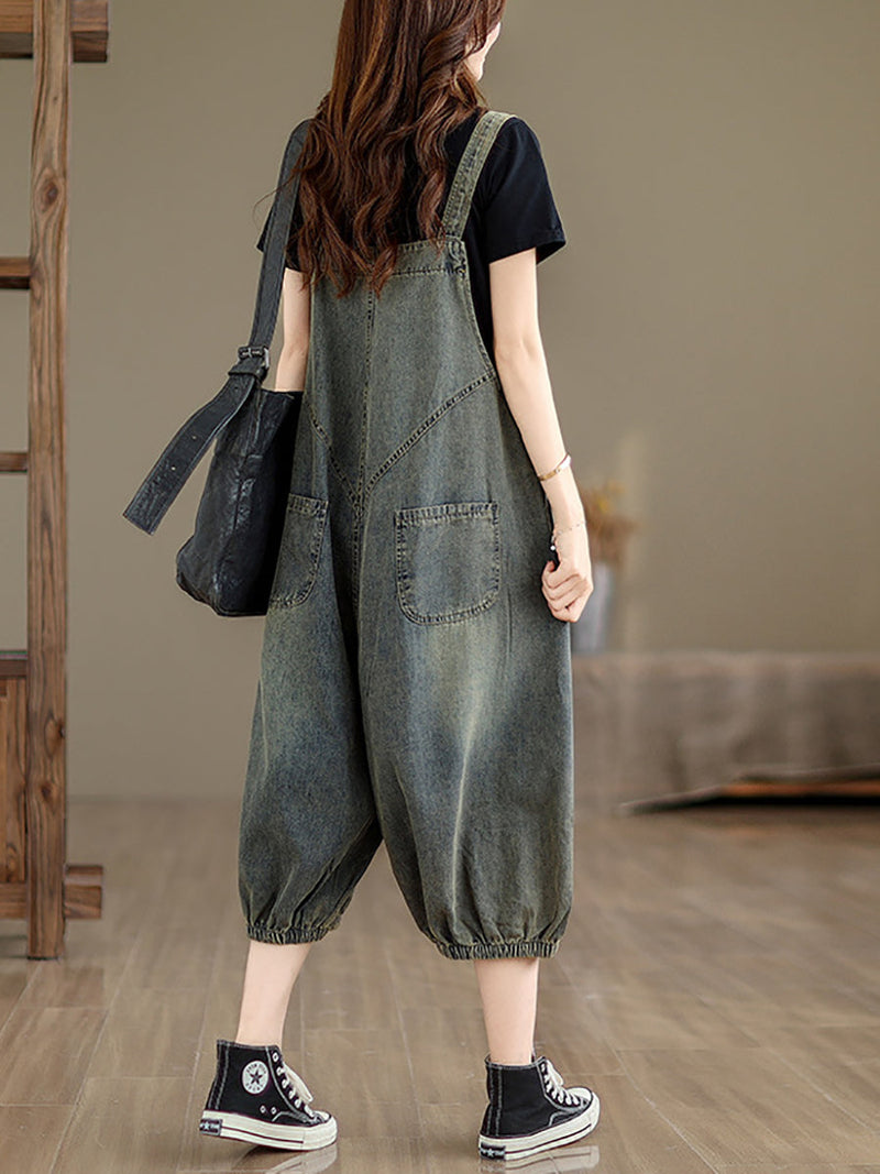 Retro Summer Pocket Denim Jumpsuits
