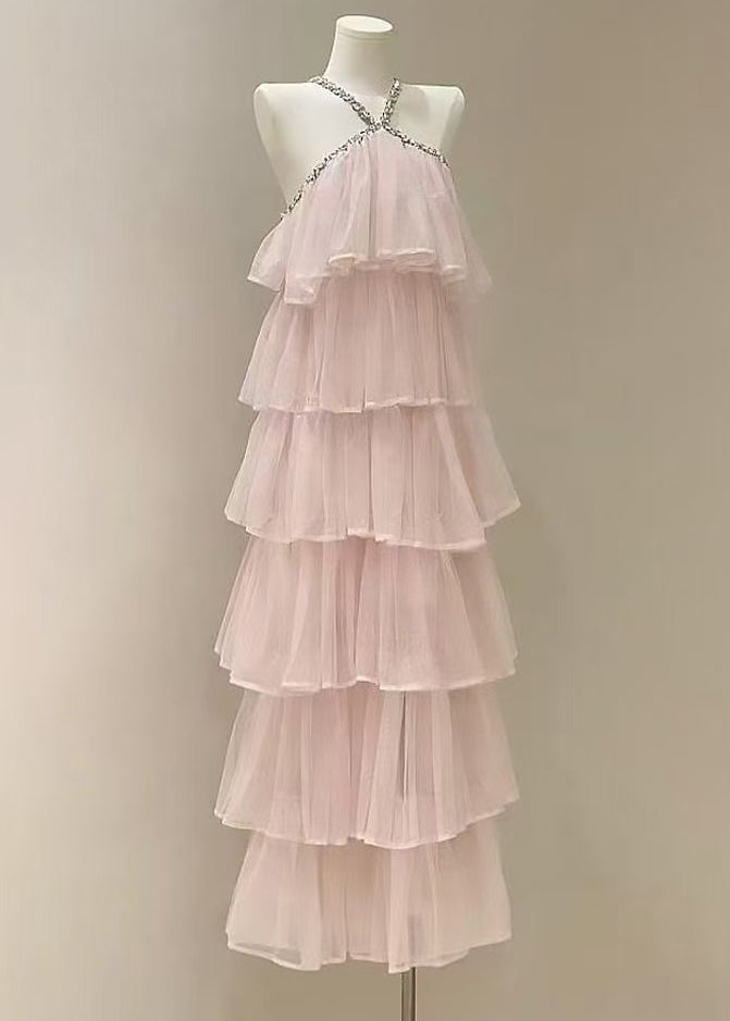 Pink Zircon High Waist Tulle Long Dress Sleeveless