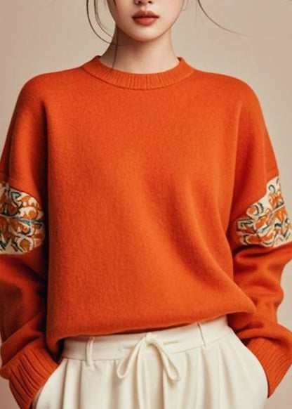 Fine Orange O-neck Cozy Cotton Fall Knit Sweater