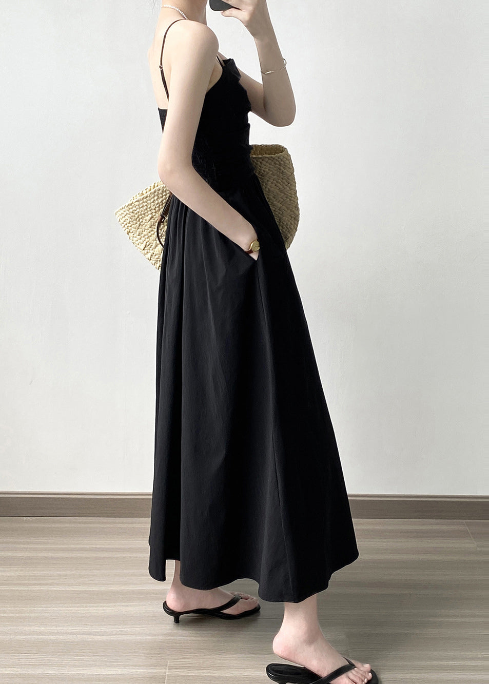Black Wrinkled Patchwork Cotton Spaghetti Strap Dress Sleeveless