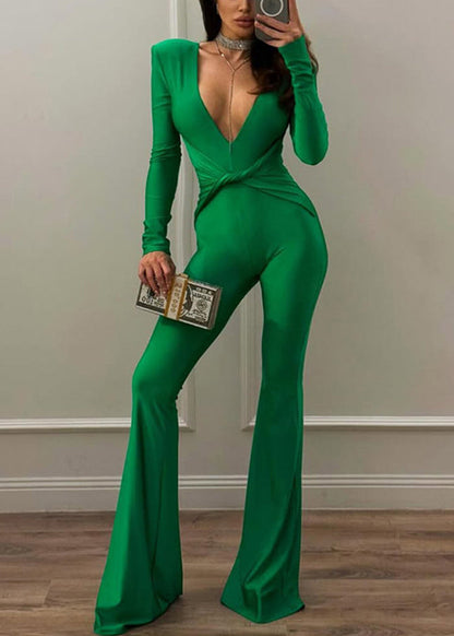 Simple Green V Neck High Waist Cotton Flared Trousers Jumpsuit Spring