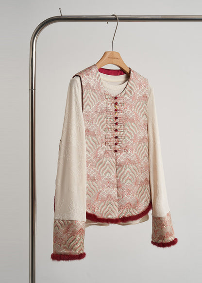 Stylish Pink Jacquard Patchwork Chinese Button Silk Vests Fall