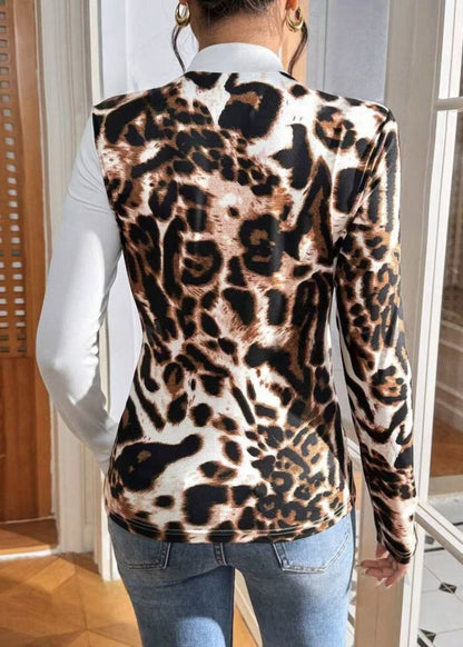 Slim Fit Leopard Print Patchwork Long Sleeved T-shirt