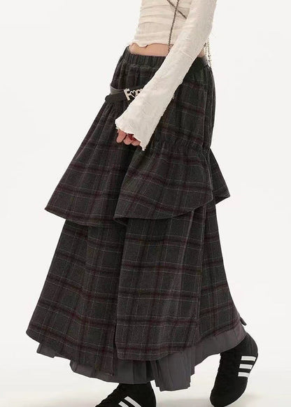 Grey Plaid False Two Pieces Patchwork Cotton Skirts Fall