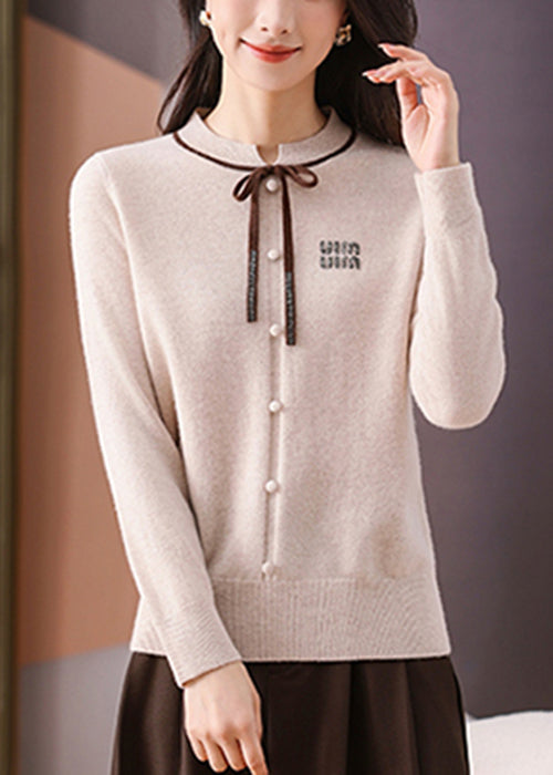 Beige Bow Cozy Woolen Winter Sweater O Neck