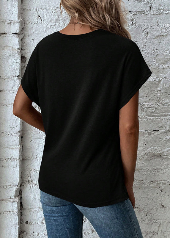 Black O Neck Asymmetrical Cotton Top Summer