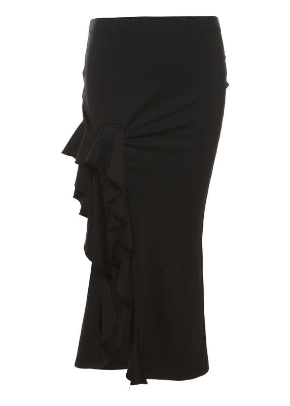 Style Black Ruffled Side Open Patchwork High Waist Skirts Summer