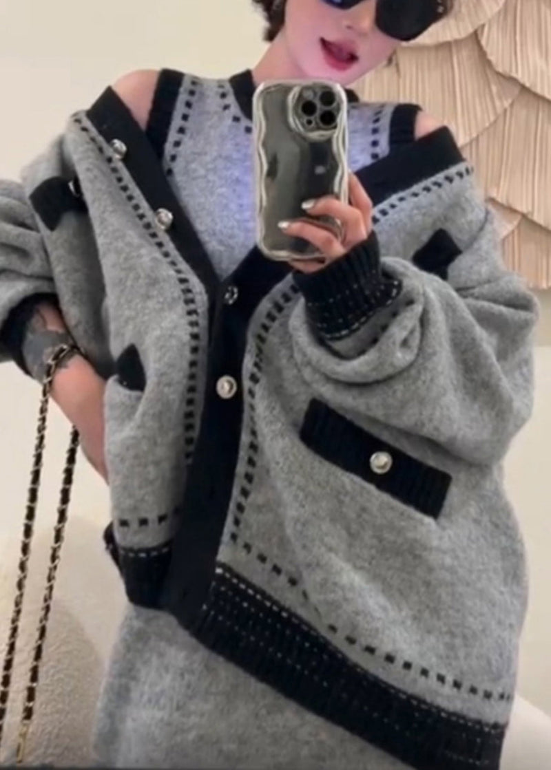 New Grey Button Cardigans and Dresses Knit Two Pieces Set Winter