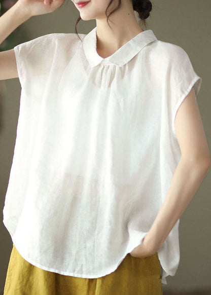 White Patchwork Linen Shirt Tops Peter Pan Collar Button Summer