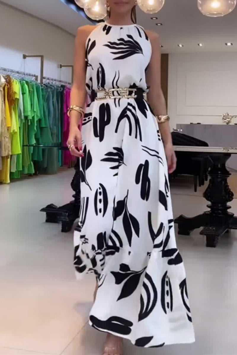 Print Lace Up With Belt O Neck Long Dresses