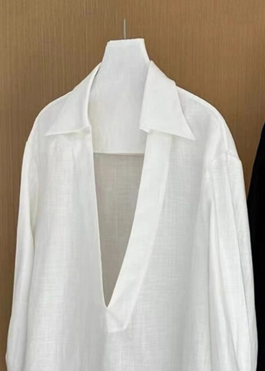 White V Neck Cotton Blouses Fall