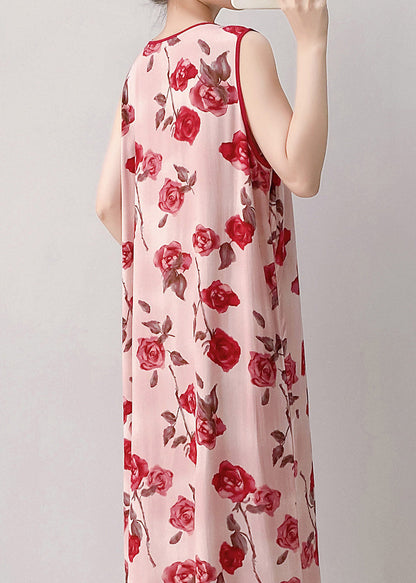 Red O-neck Print Long Dresses Summer